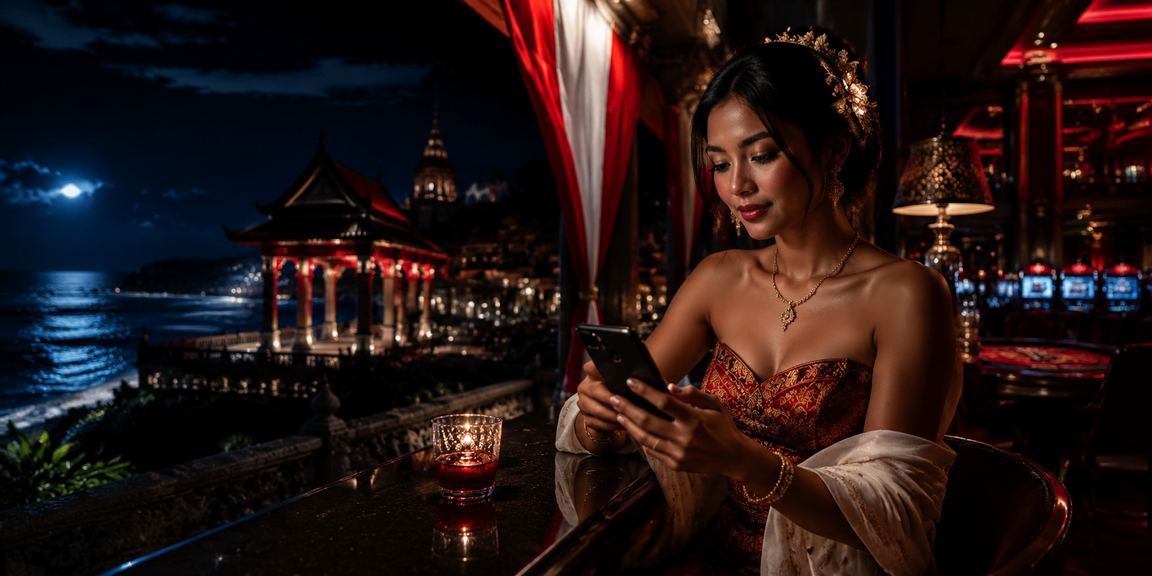 Pengguna mengakses casino online melalui smartphone di tepi pantai yang cerah