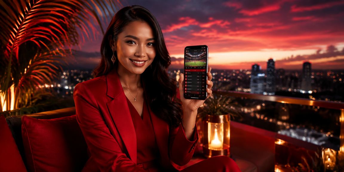 Model Vietnam memperlihatkan antarmuka taruhan olahraga di ponsel dengan nuansa festival